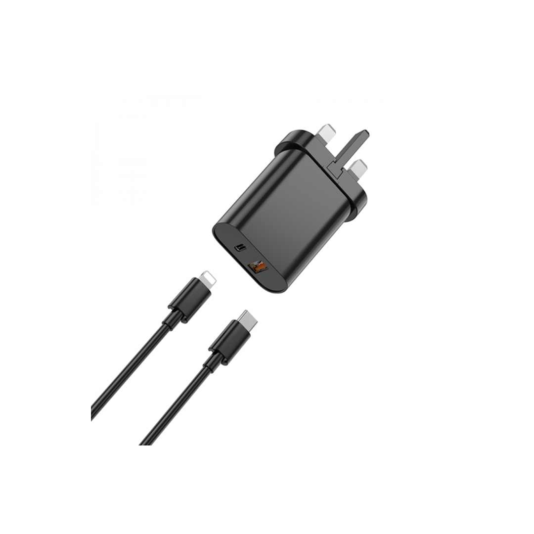 Wiwu Quick 20W+18W PD+QC UK Fast Charger With Type-C To Lightning Cable - Black in Qatar Wiwu Quick 20W+18W PD+QC UK Fast Charger With Type-C To Lightning Cable - Black in Qatar